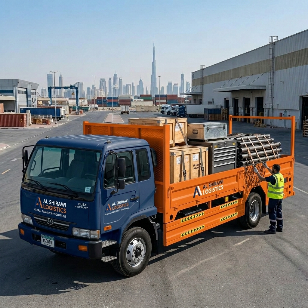 Professional 3-ton pickup truck delivering commercial materials in Dubai